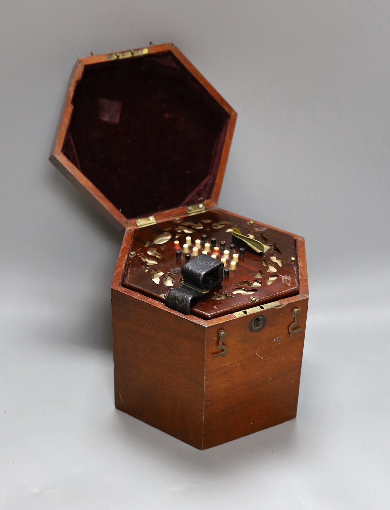 A cased Lachanel & Co rosewood concertina with bone keys, c.1900